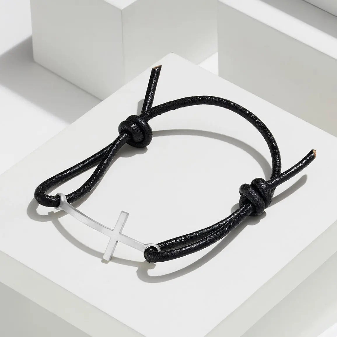 Men's Personalised Silver Cross Leather Bracelet Soremi Jewellery