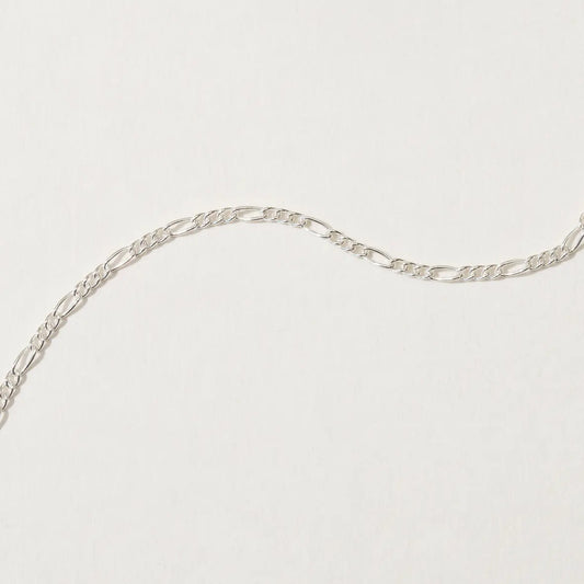 Close-up of sterling silver figaro chain link pattern.