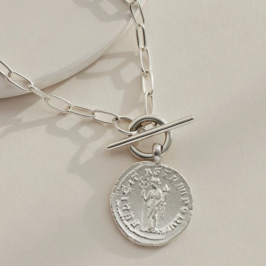 Close up of Goddess Coin Necklace in SIlver