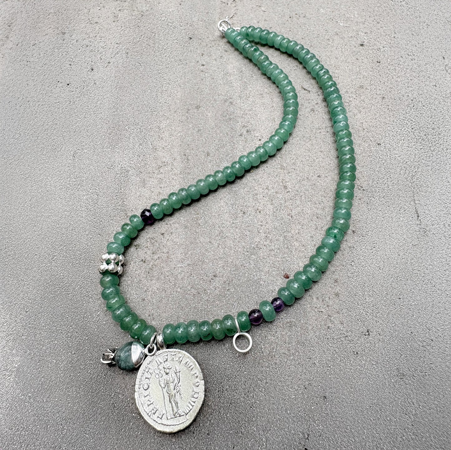 Green Adventurine Goddess Coin Necklace with Silver Charms Soremi Jewellery