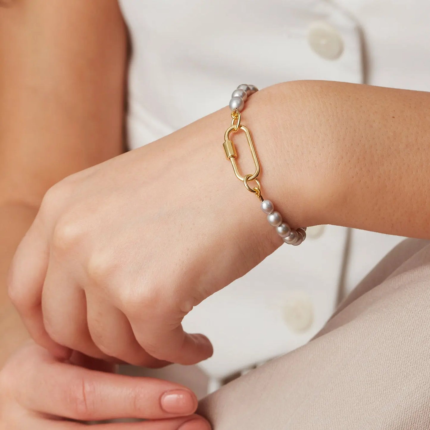 Grey Pearl Bracelet with Gold Vermeil Carabiner Soremi Jewellery