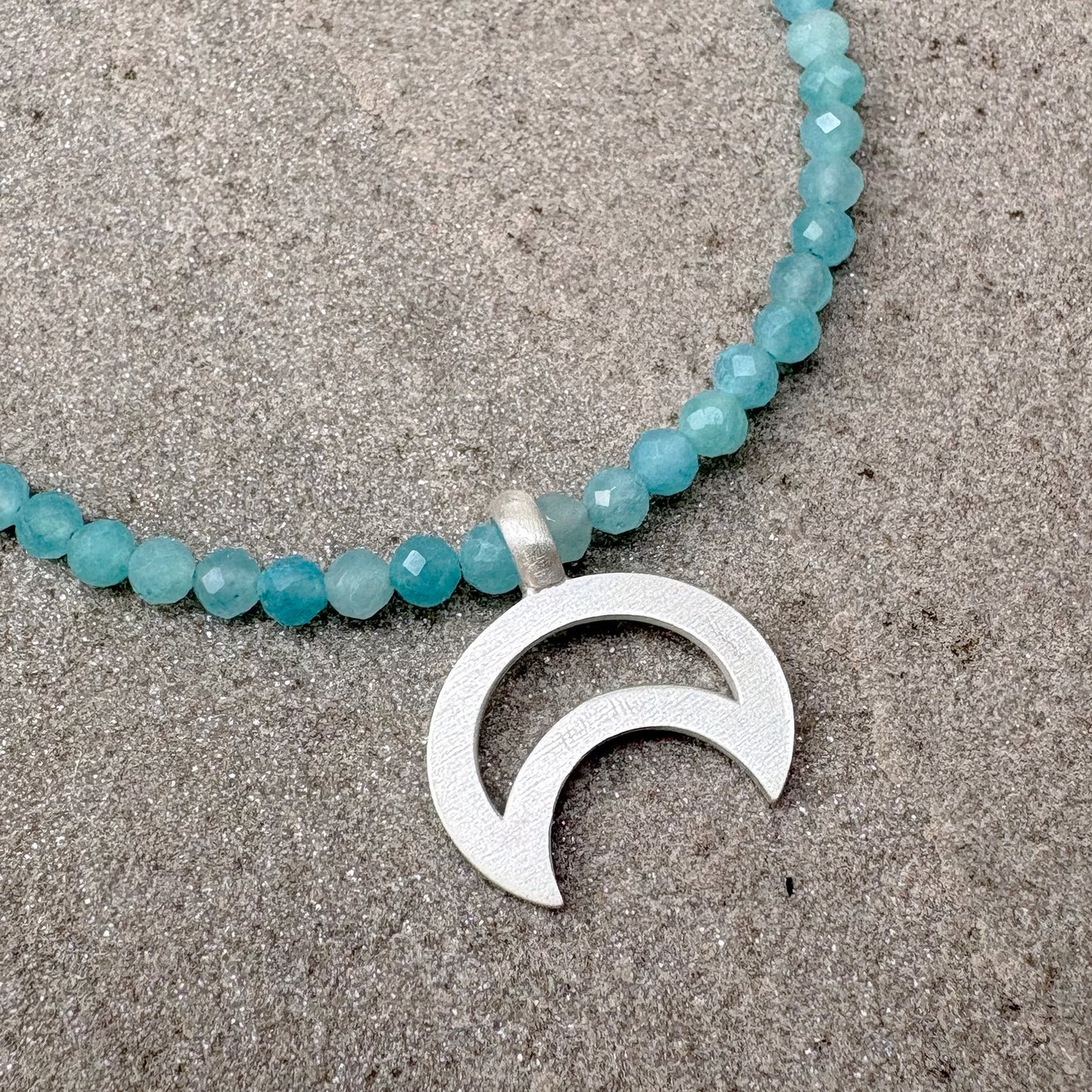 Handmade Crescent Moon Pendant Sterling Silver & Amazonite Beads Soremi Jewellery