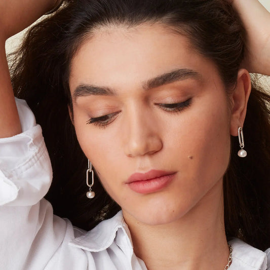Mismatched Silver Link Earrings with Freshwater Pearl Drop Soremi Jewellery