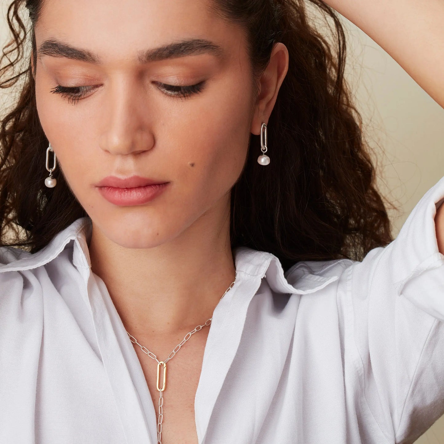 Mismatched Silver Link Earrings with Freshwater Pearl Drop Soremi Jewellery