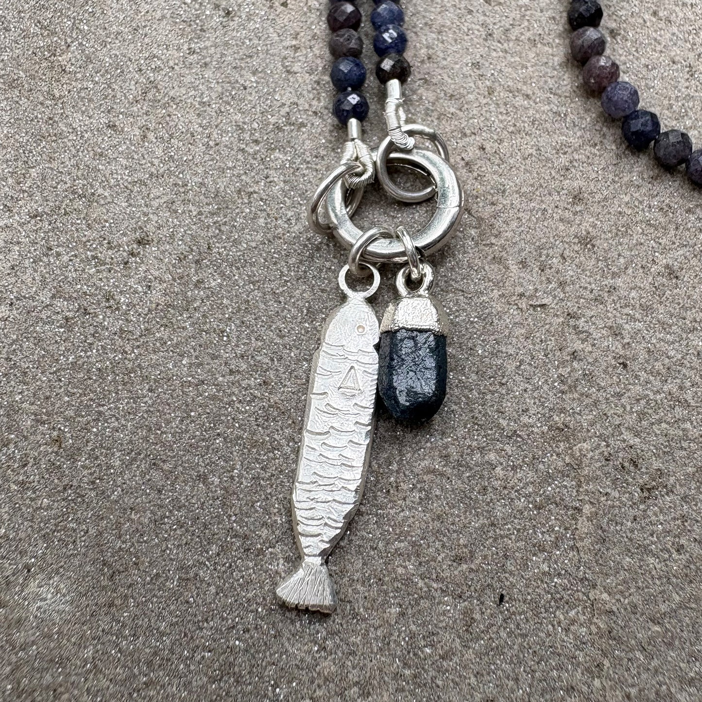 Silver Sardine Necklace with Faceted Sapphire Beads Soremi Jewellery