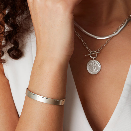 Sterling Silver Arm Cuff worn on Model with Handstamped Personalisation