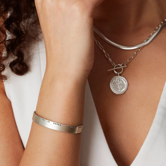 Sterling Silver Arm Cuff worn on Model with Handstamped Personalisation