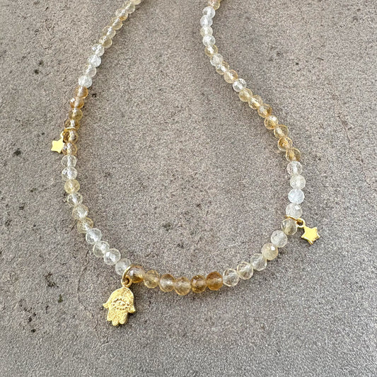 Ombre Citrine Gemstone Necklace with Gold Vermeil Hamsa Hand & Stars Soremi Jewellery