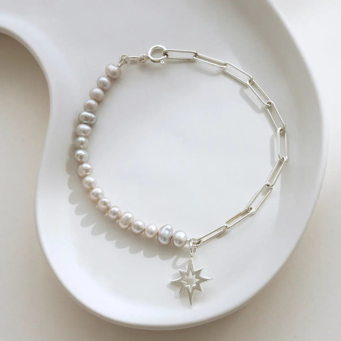 Pearl & Silver Paperclip Chain Star Charm Half & Half Necklace