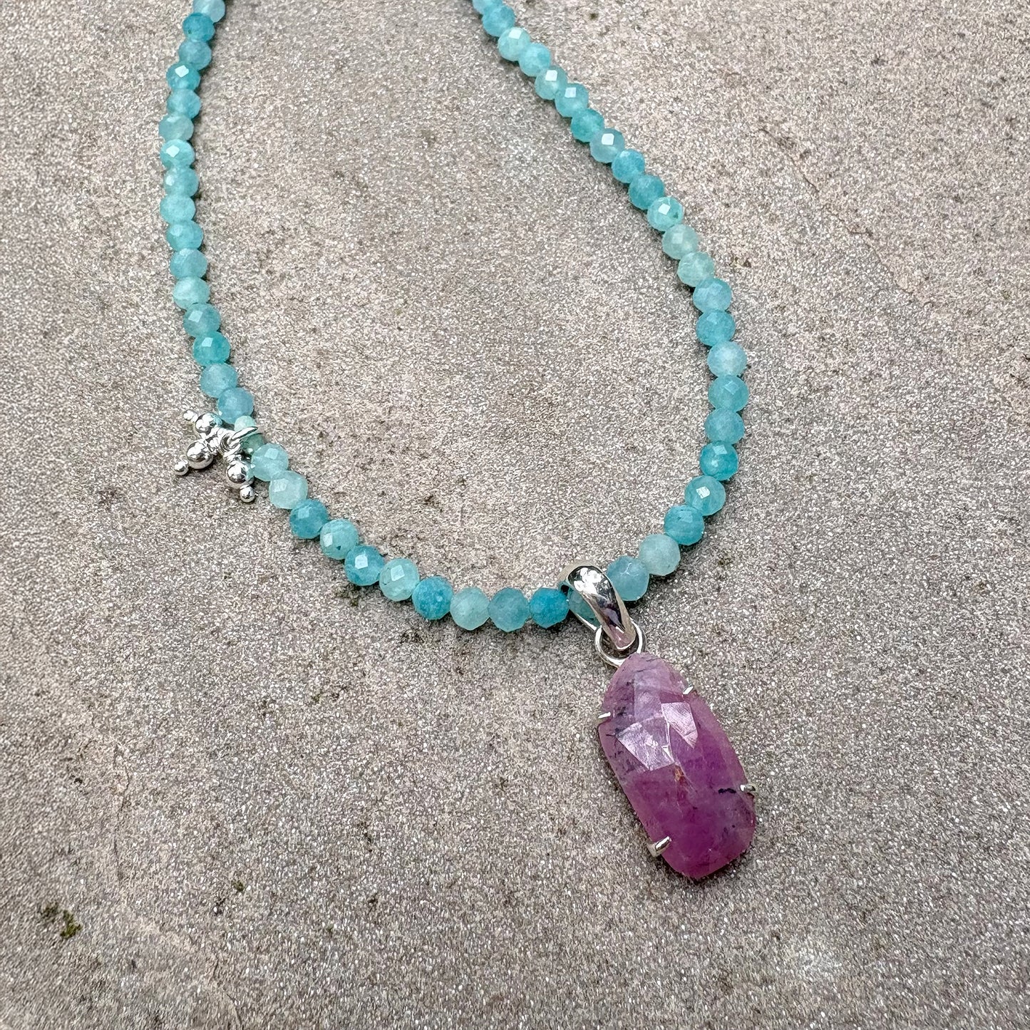 Amazonite Bead Necklace with Pink Sapphire Soremi Jewellery