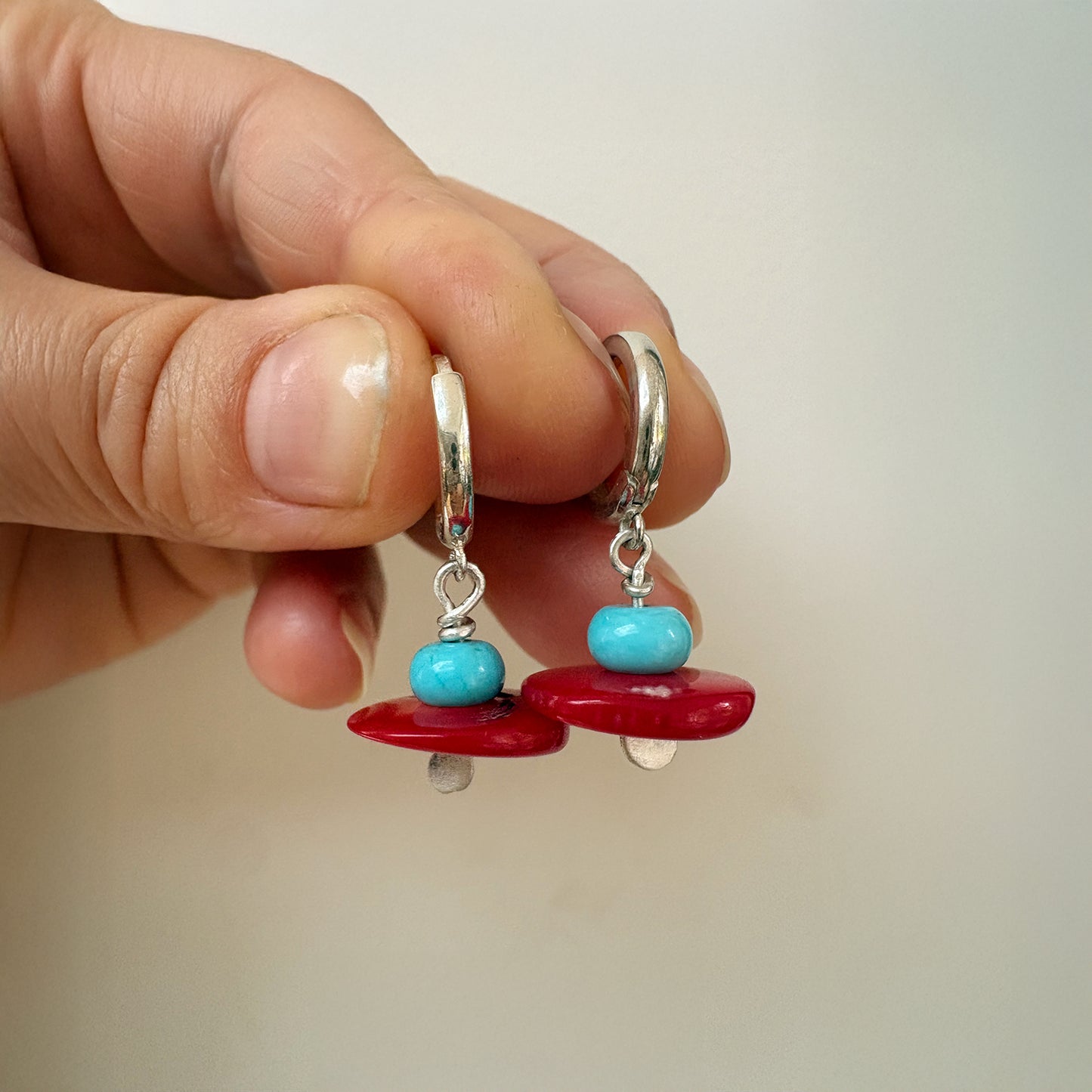 Cherry Red Coral and Turquoise Drop Huggie Earrings Soremi Jewellery