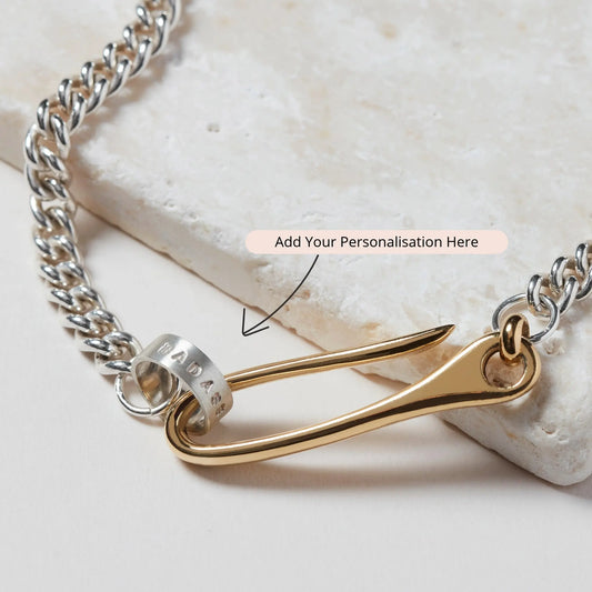 Add your personalisation on the hoop of this necklace which is attached to the 'fish hook' clasp.