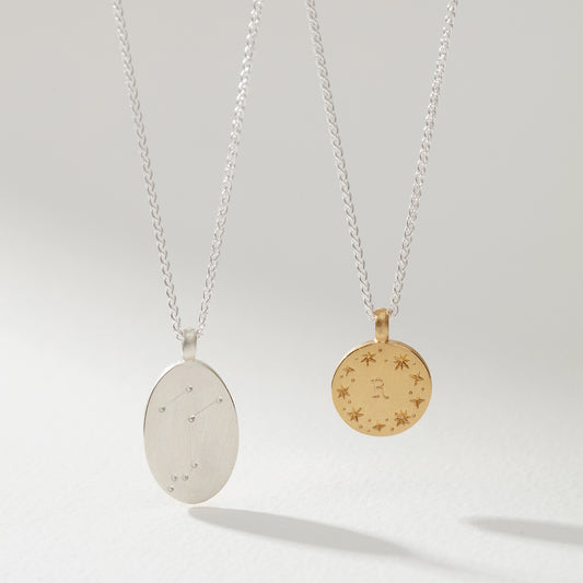 Reversible Initial & Zodiac Star Pendant Necklace in Silver or Gold Vermeil