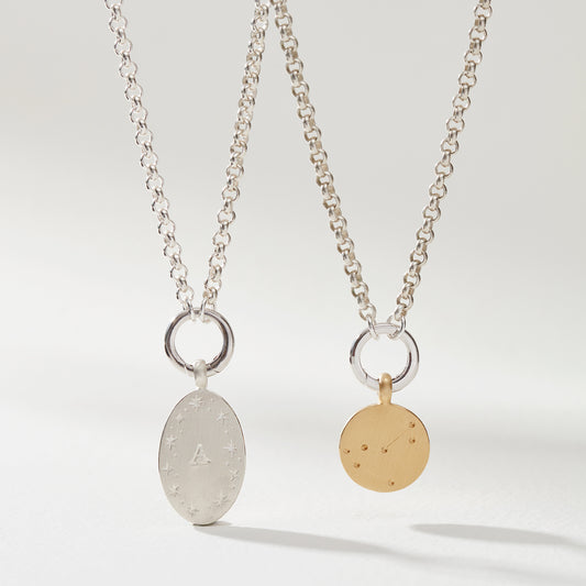Reversible Zodiac & Initial Pendant Necklace with Charm Catcher in Silver or Gold Vermeil