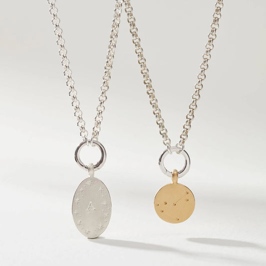 Reversible Zodiac & Initial Pendant Necklace with Charm Catcher in Silver or Gold Vermeil Soremi Jewellery