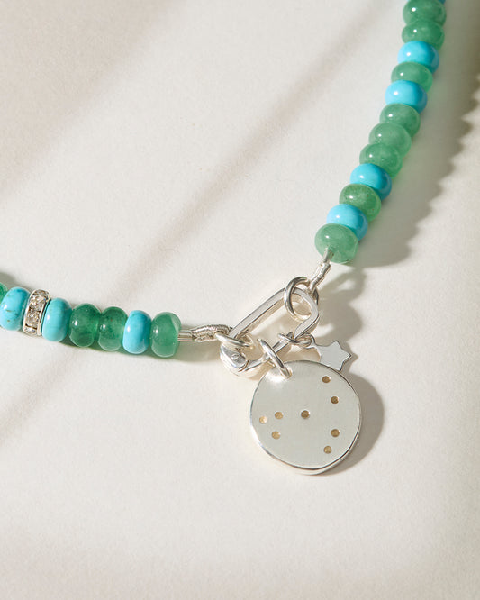 Green aventurine beaded necklace with hand-drilled sterling silver constellation pendant and star charm