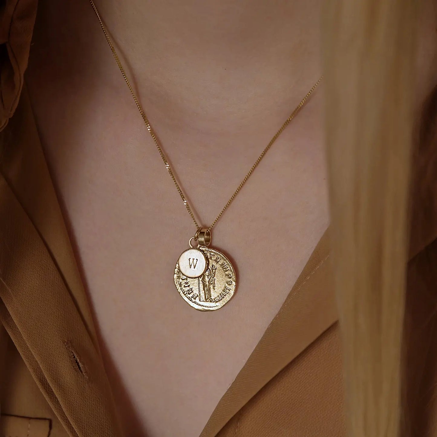9ct gold goddess coin necklace with initial charm