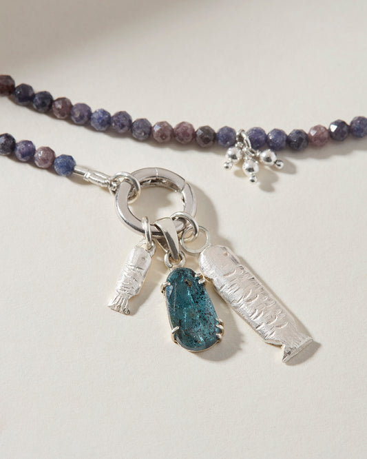 Sapphire beaded necklace with handmade sterling silver sardines and natural kyanite pendant