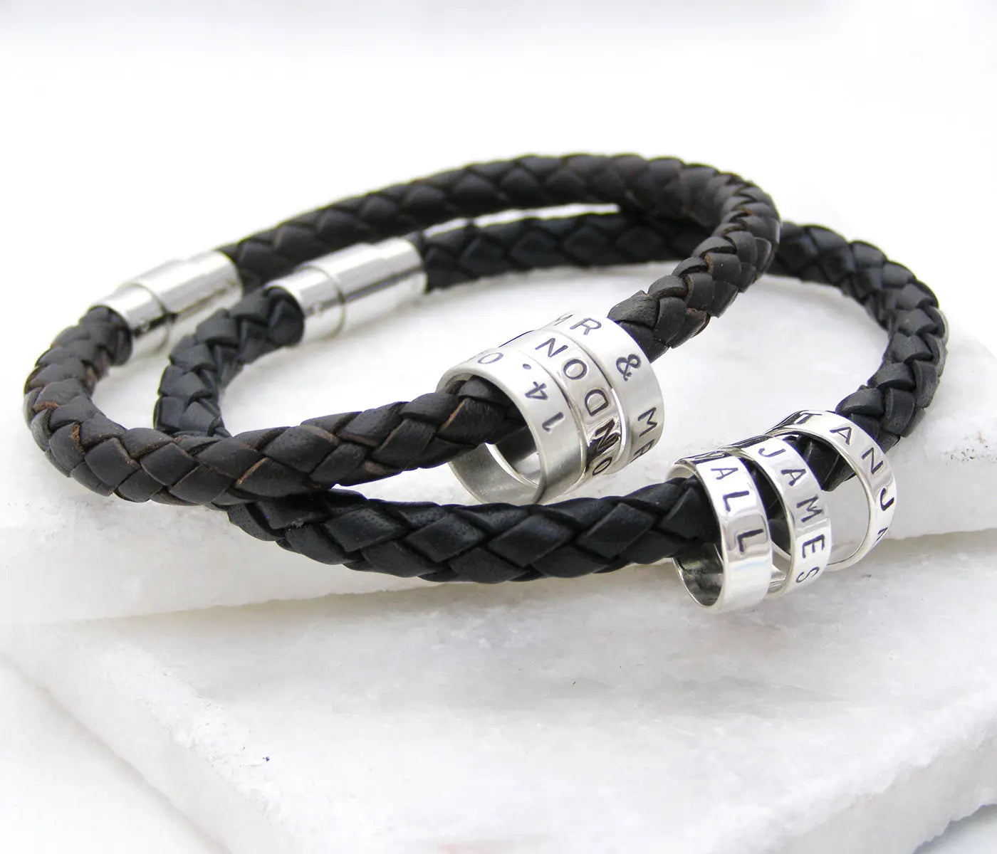Personalised Mens Leather Bracelet with Silver Hoops Soremi Jewellery