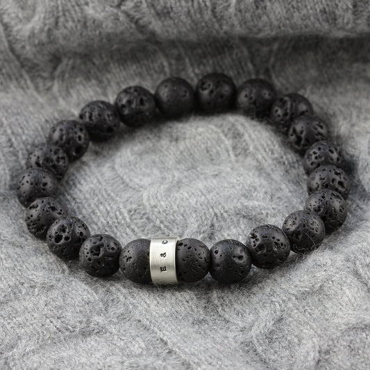 Mens lava stone bracelet with a silver personalised hoop