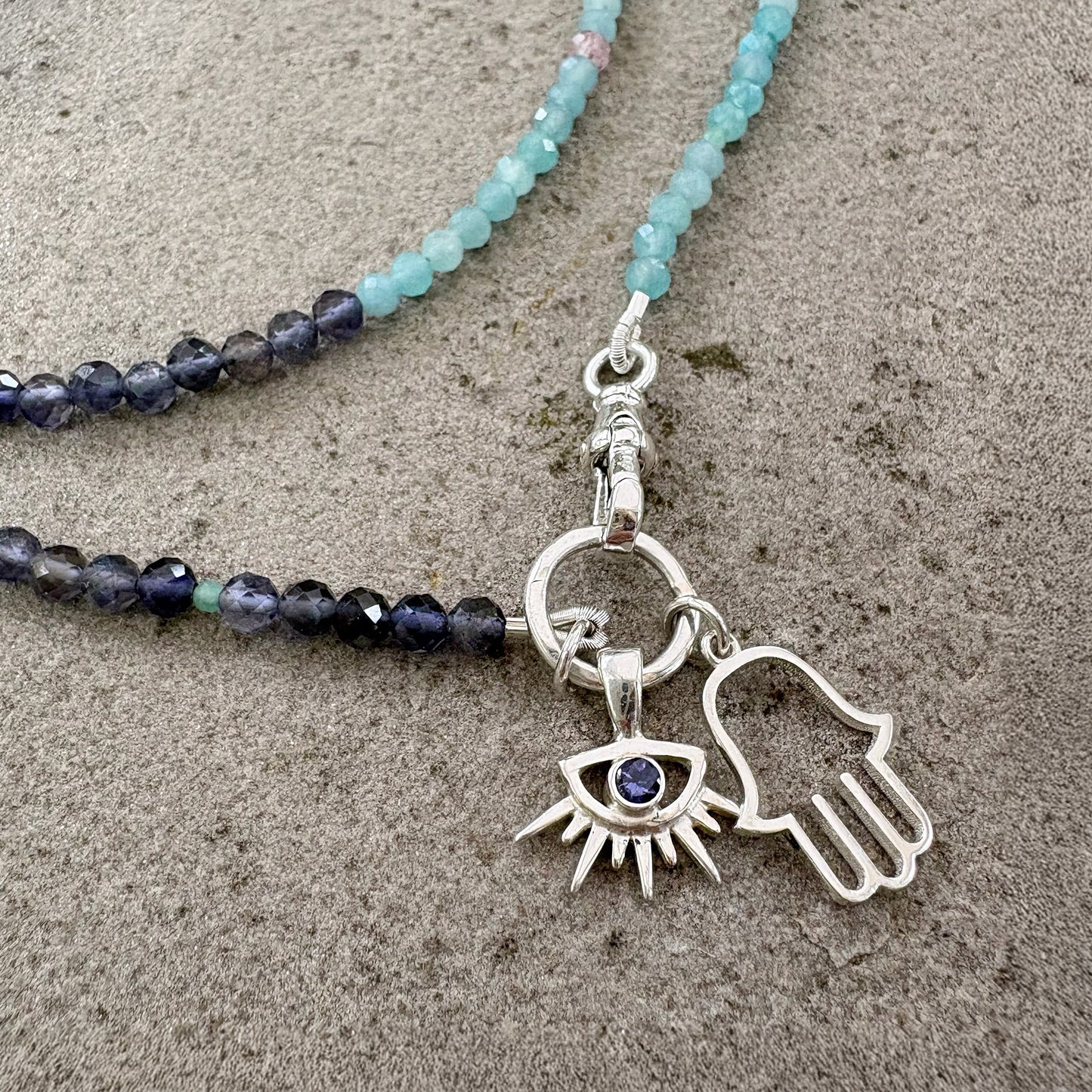 Amazonite & Iolite Wrap Necklace with Hamsa Hand and Evil Eye Charms Soremi Jewellery
