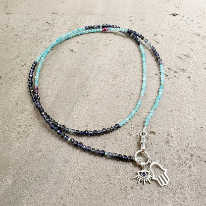Amazonite & Iolite Wrap Necklace with Hamsa Hand and Evil Eye Charms Soremi Jewellery