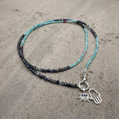 Amazonite & Iolite Wrap Necklace with Hamsa Hand and Evil Eye Charms Soremi Jewellery