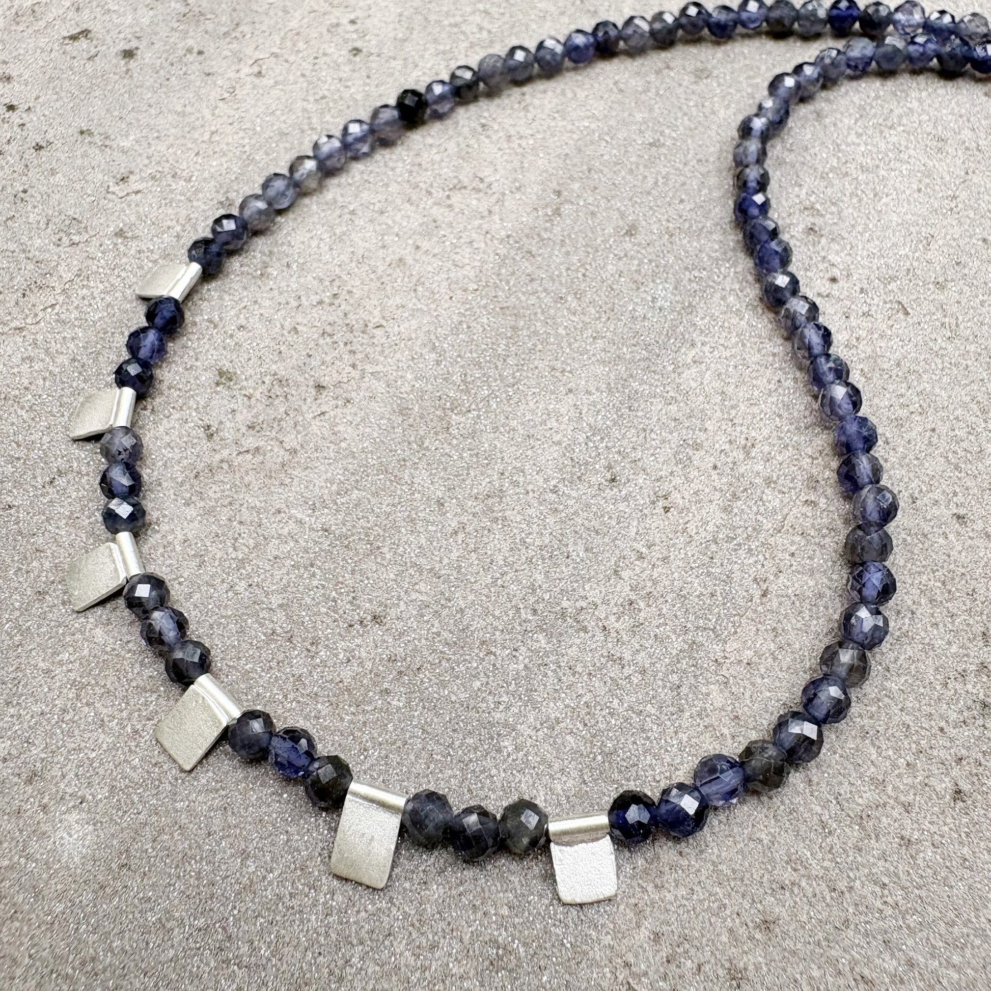 Sapphire Beaded Necklace with Silver Tile Drops Soremi Jewellery