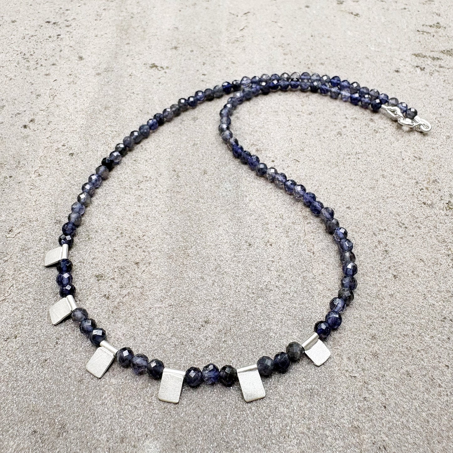 Sapphire Beaded Necklace with Silver Tile Drops Soremi Jewellery