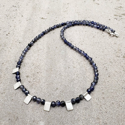 Sapphire Beaded Necklace with Silver Tile Drops Soremi Jewellery
