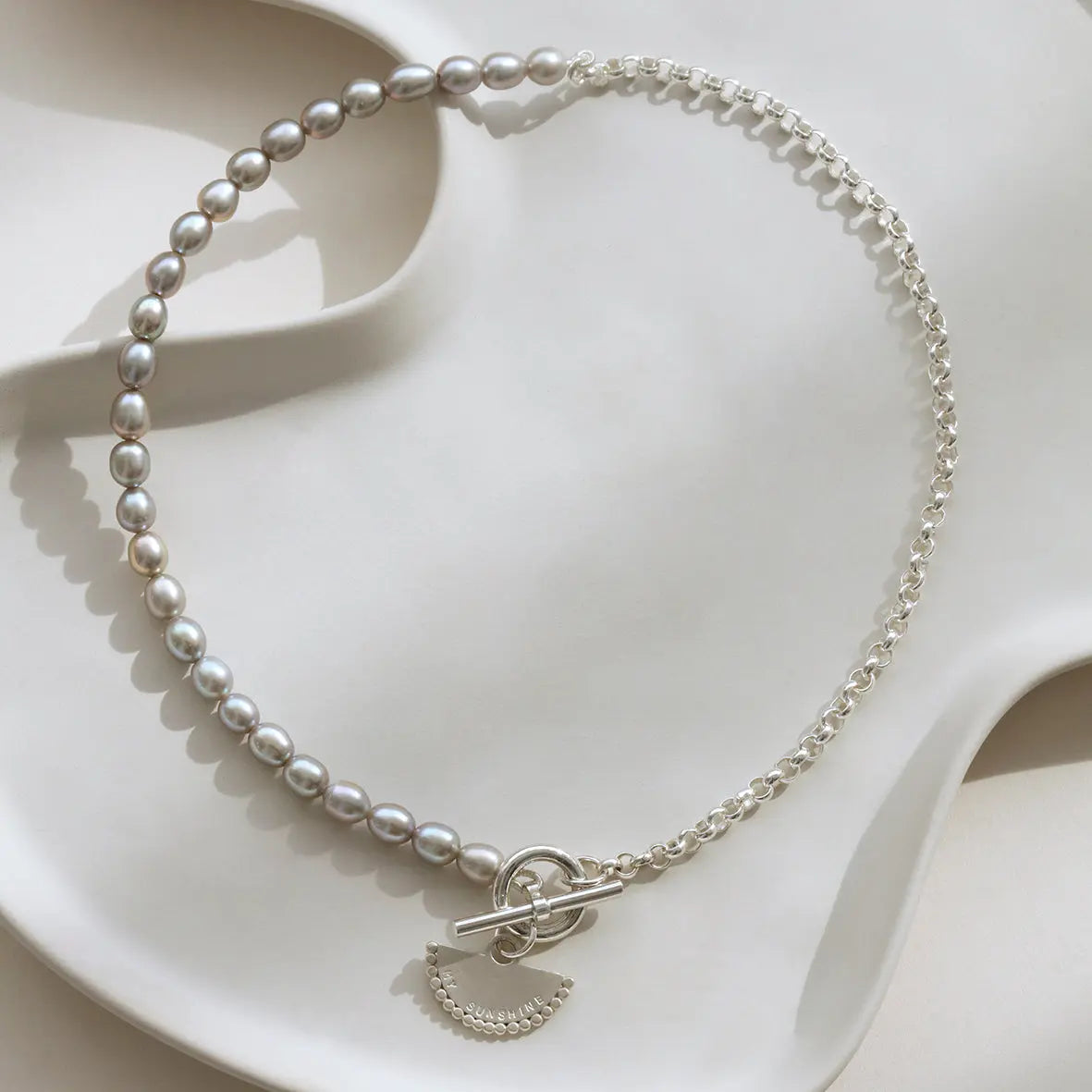 Grey Pearl Necklace with Personalised Fan Pendant and T-Bar Clasp