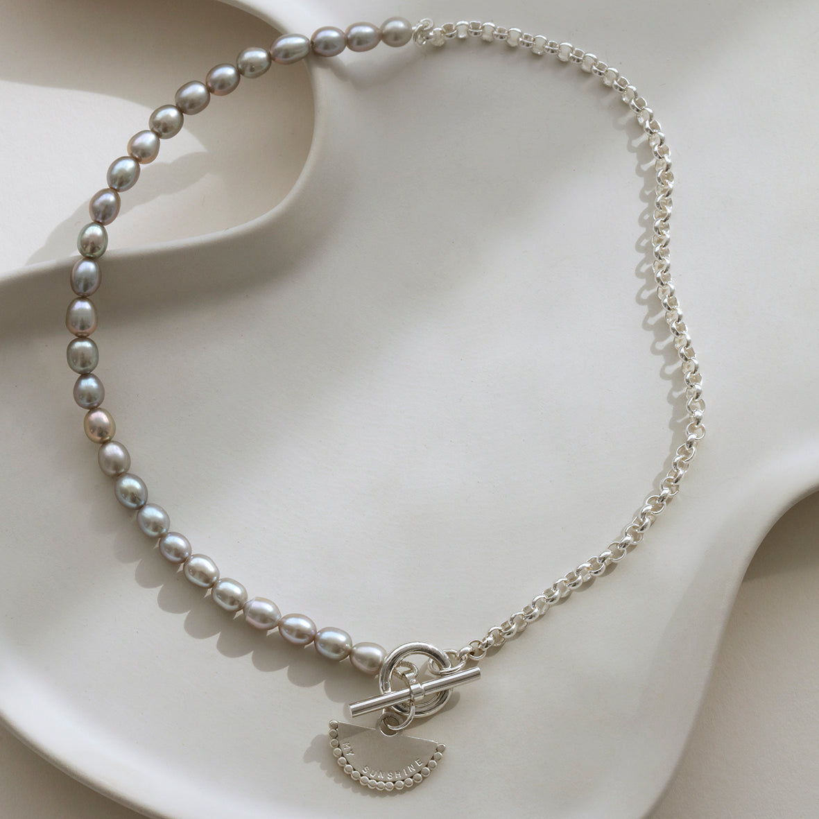 Grey Pearl Necklace with Personalised Fan Pendant and T-Bar Clasp