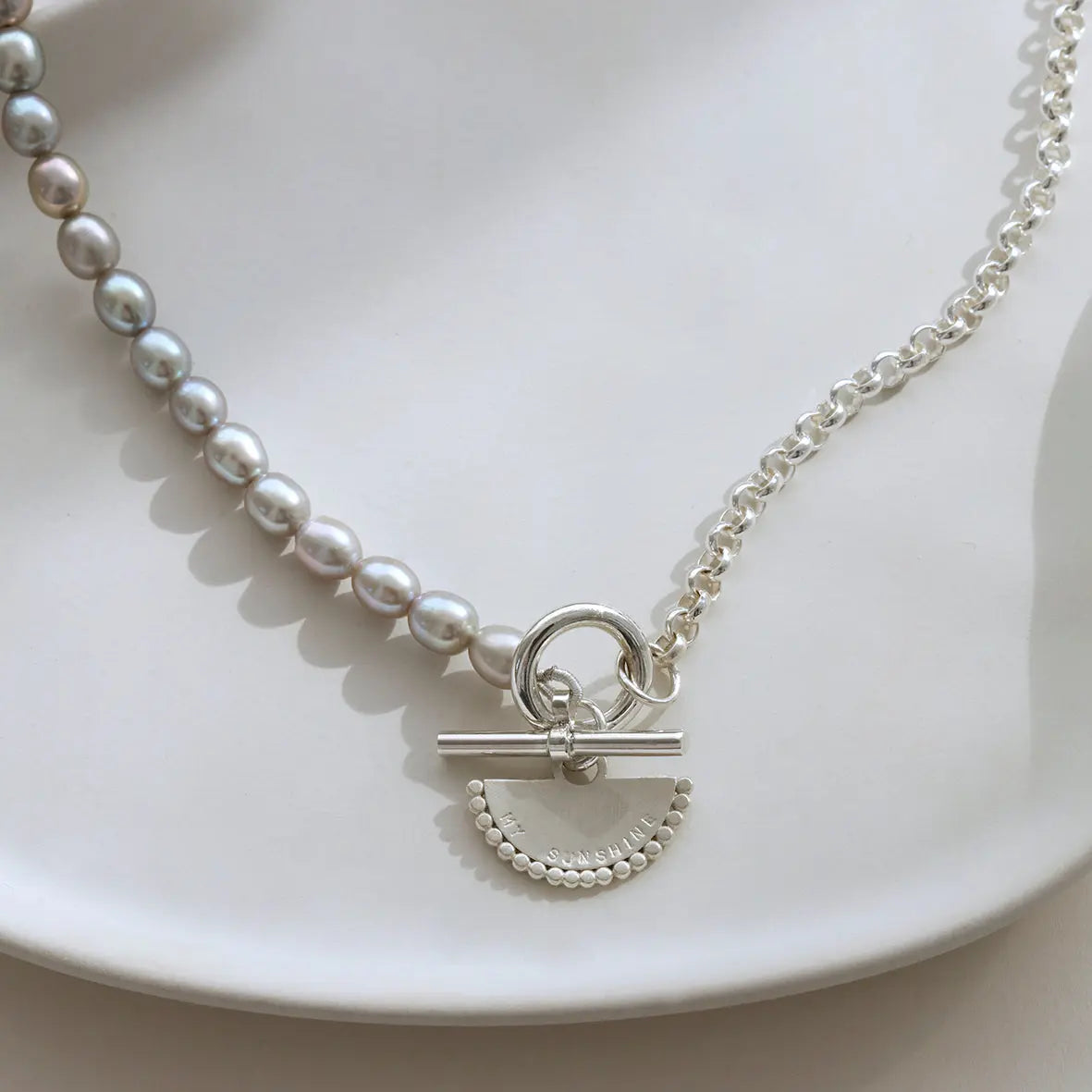 Grey Pearl Necklace with Personalised Fan Pendant and T-Bar Clasp