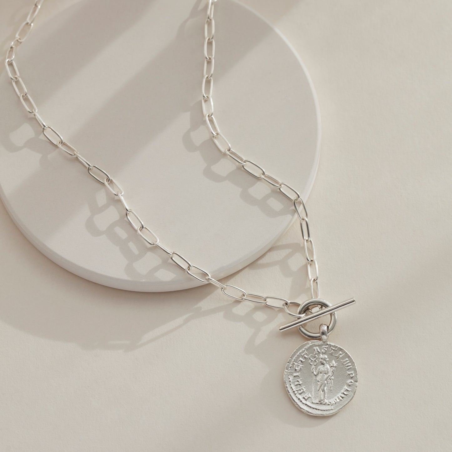 Handmade Goddess Coin Necklace in Sterling Silver with T-Bar Paperclip Chain