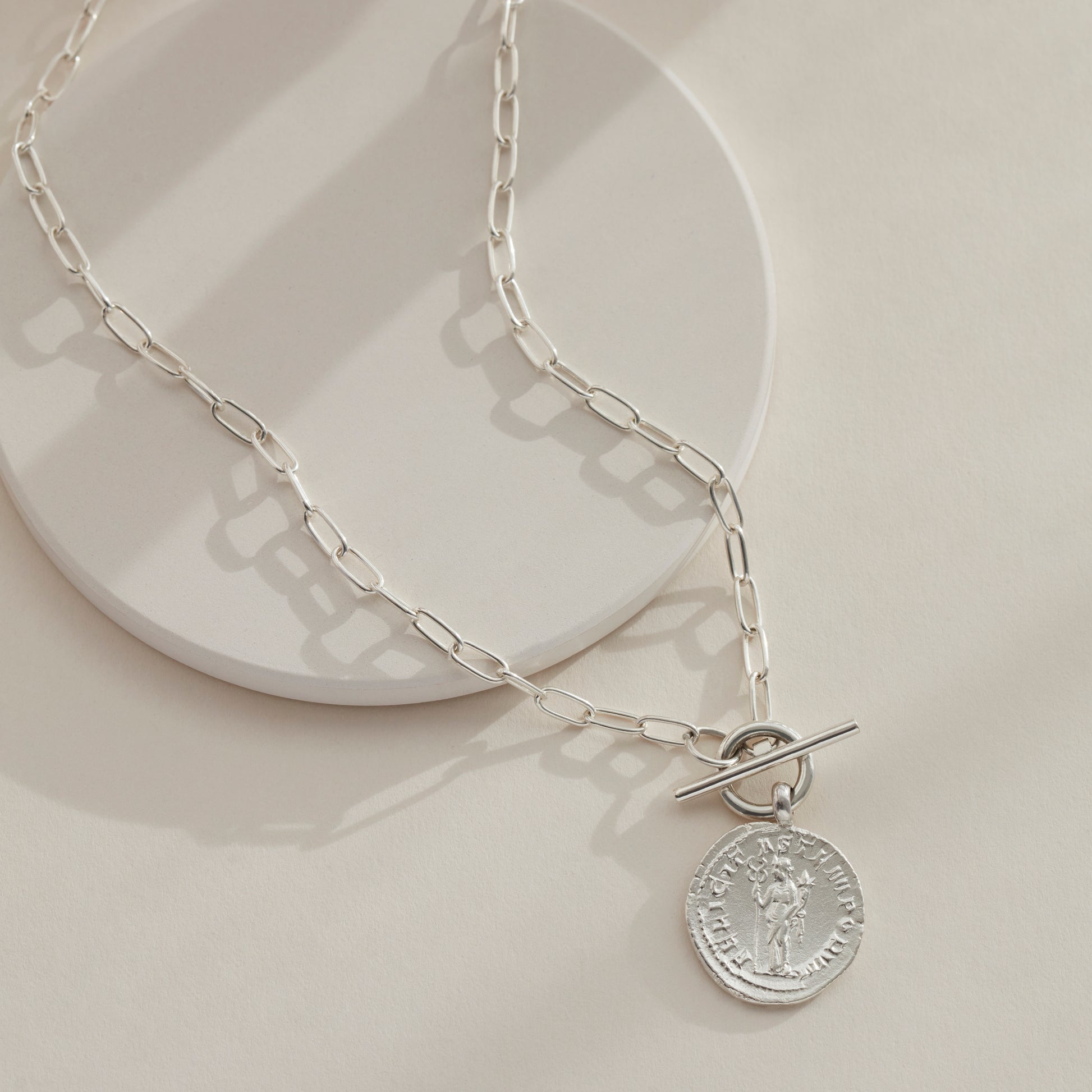 Handmade Goddess Coin Necklace in Sterling Silver with T-Bar Paperclip Chain