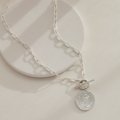 Handmade Goddess Coin Necklace in Sterling Silver with T-Bar Paperclip Chain