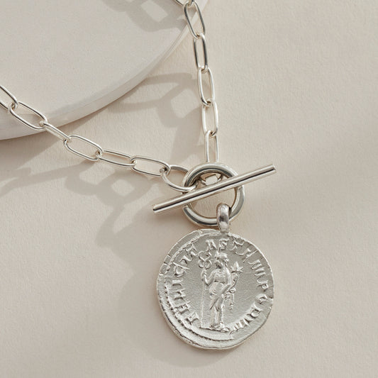 Close up of Goddess Coin Necklace in SIlver