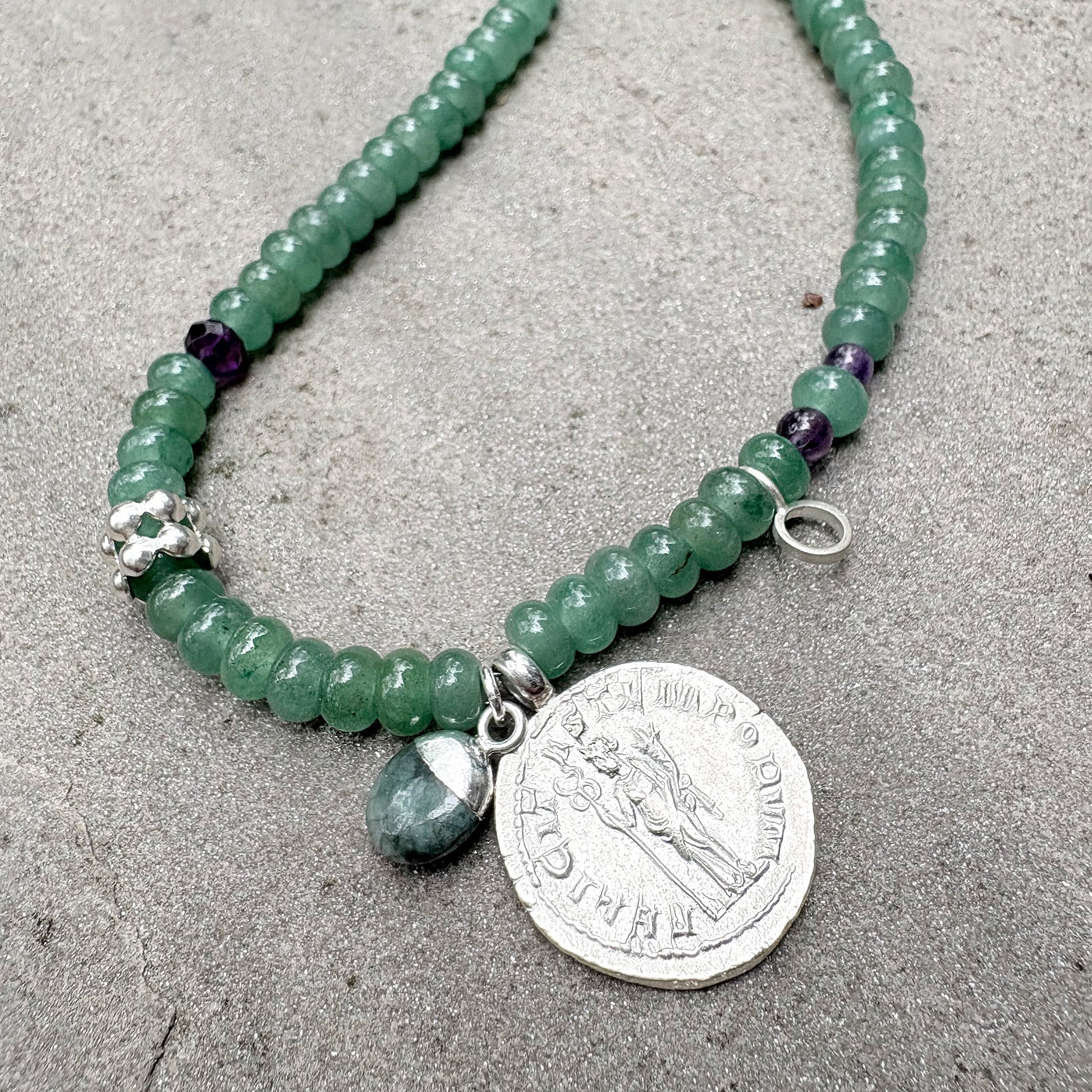 Green Adventurine Goddess Coin Necklace with Silver Charms Soremi Jewellery