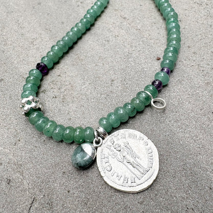 Green Adventurine Goddess Coin Necklace with Silver Charms Soremi Jewellery