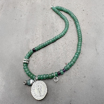 Green Adventurine Goddess Coin Necklace with Silver Charms Soremi Jewellery