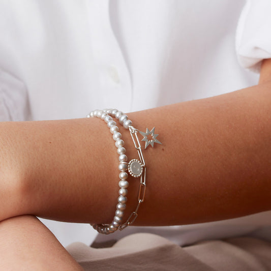 Half Pearl & Silver Paperclip Chain Star Charm Bracelet
