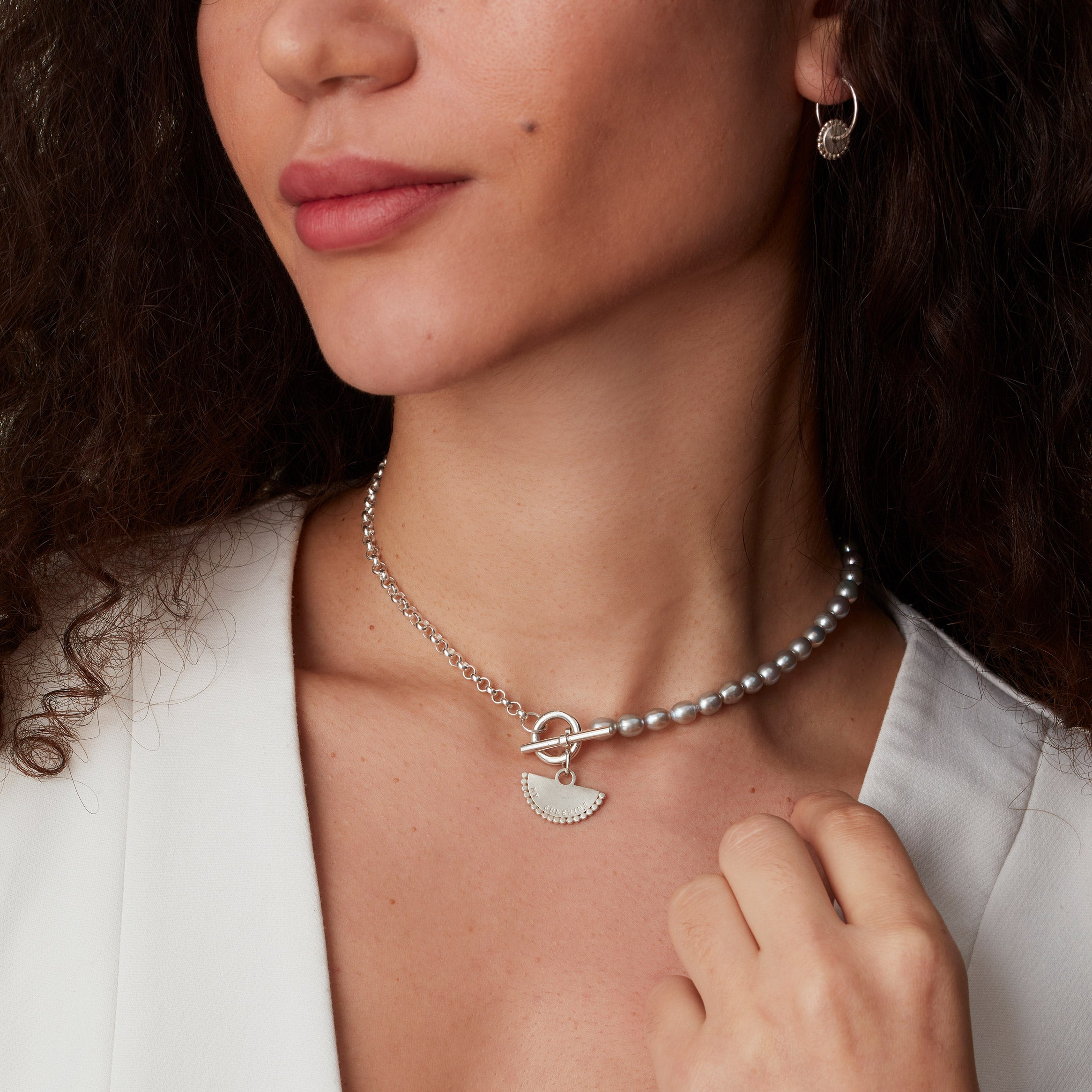 Grey Pearl Necklace with Personalised Fan Pendant and T-Bar Clasp