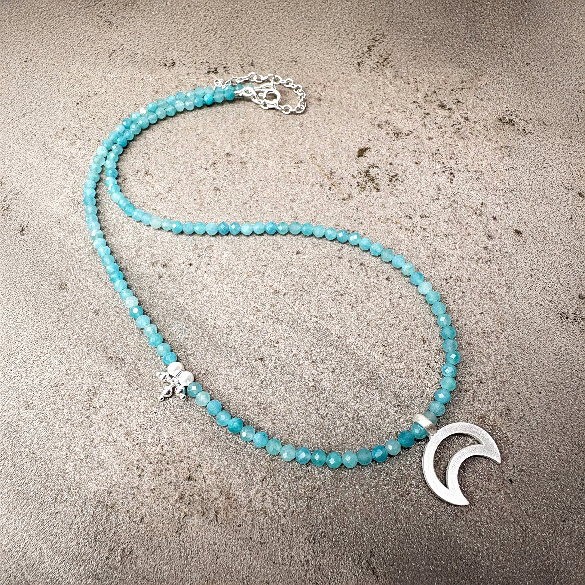 Handmade Crescent Moon Pendant Sterling Silver & Amazonite Beads Soremi Jewellery