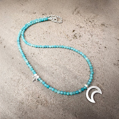 Handmade Crescent Moon Pendant Sterling Silver & Amazonite Beads Soremi Jewellery