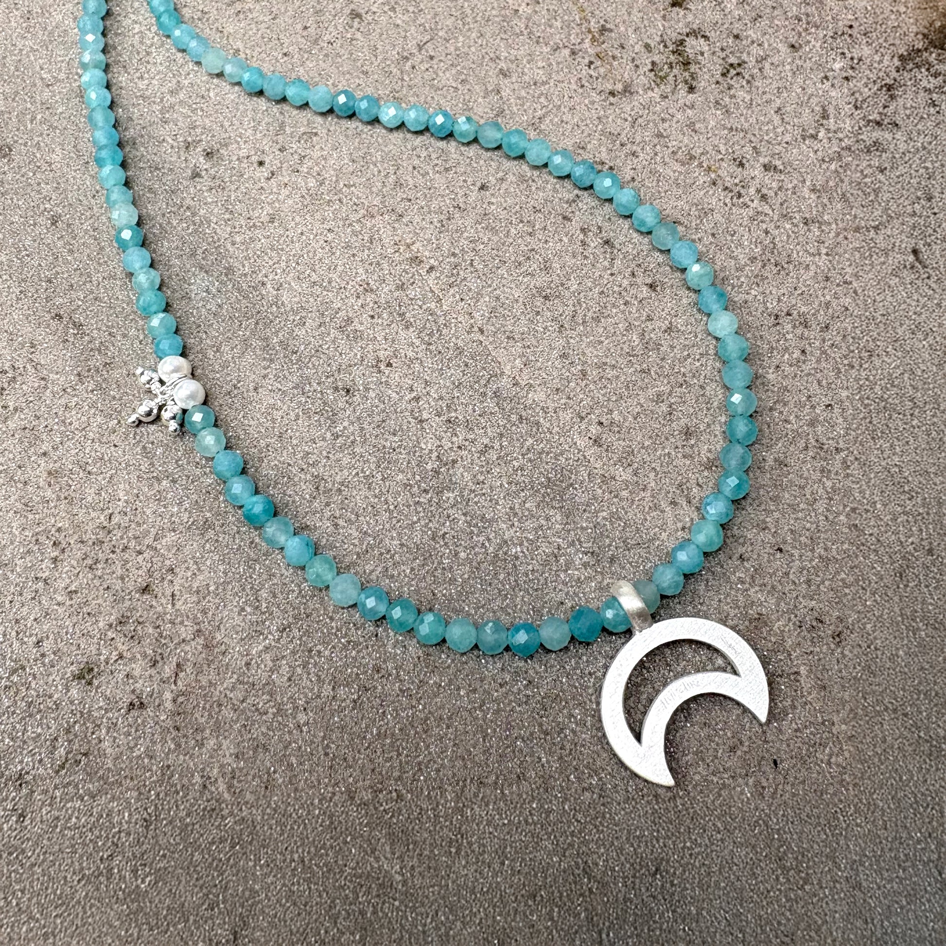 Handmade Crescent Moon Pendant Sterling Silver & Amazonite Beads Soremi Jewellery
