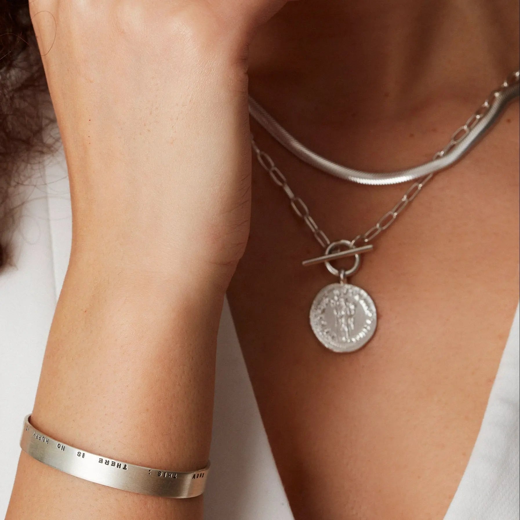 Medallion Coin Goddess Necklace with T Bar Silver