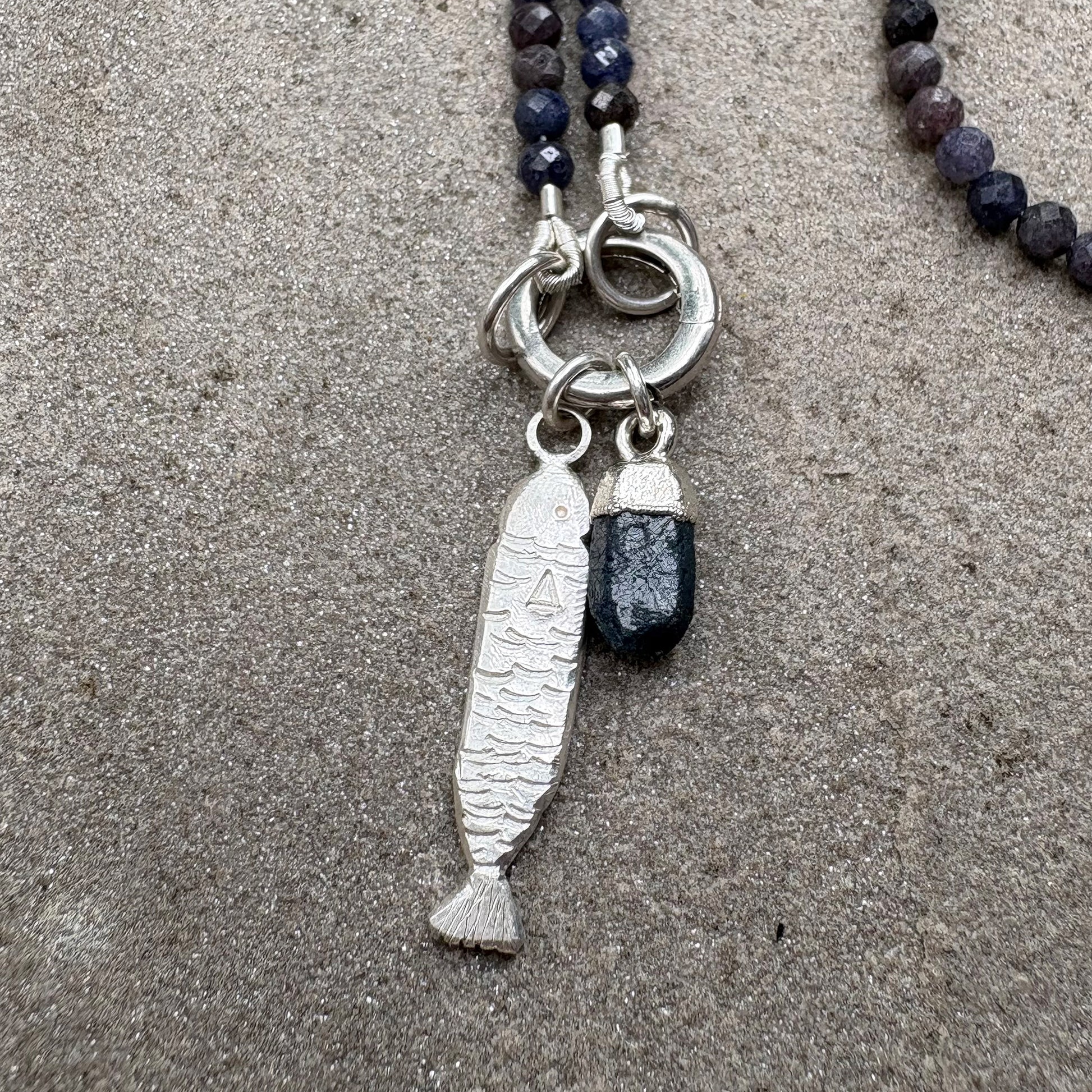 Silver Sardine Necklace with Faceted Sapphire Beads Soremi Jewellery