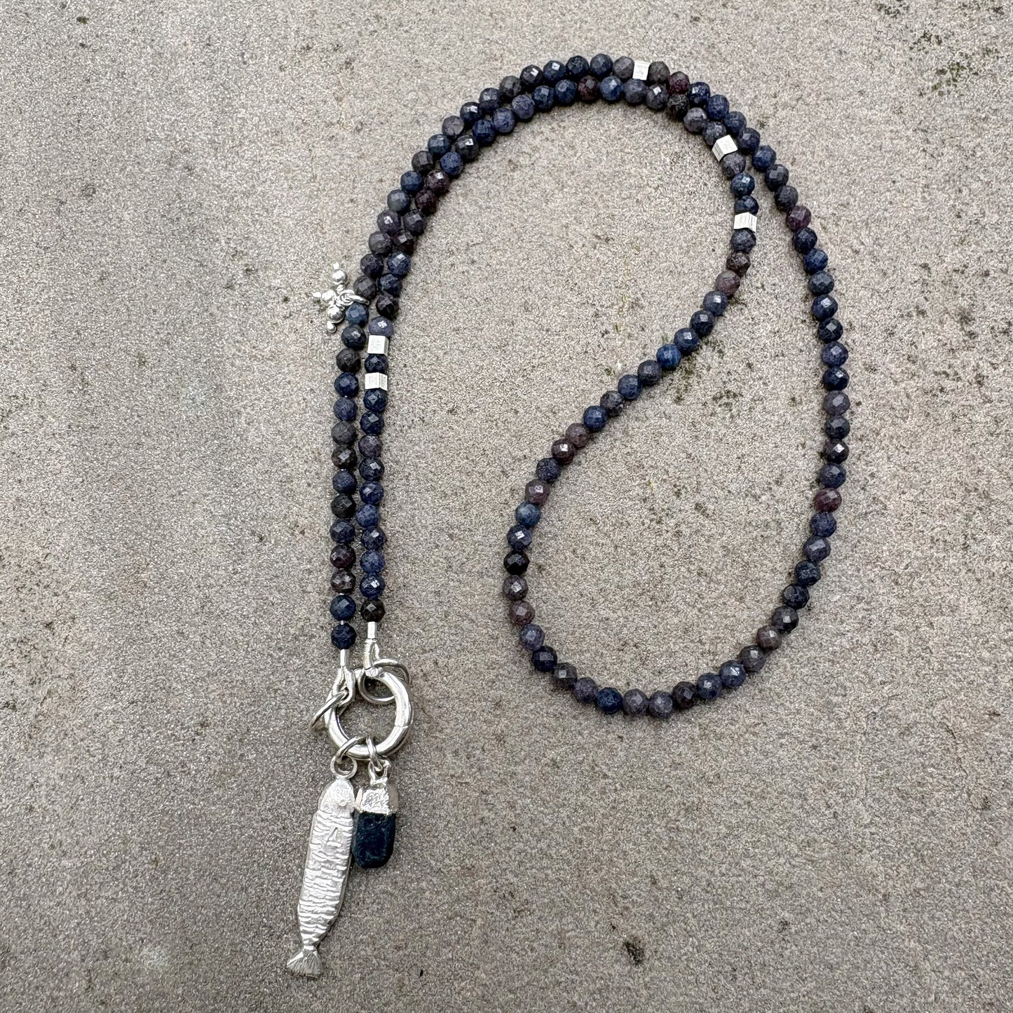 Silver Sardine Necklace with Faceted Sapphire Beads Soremi Jewellery