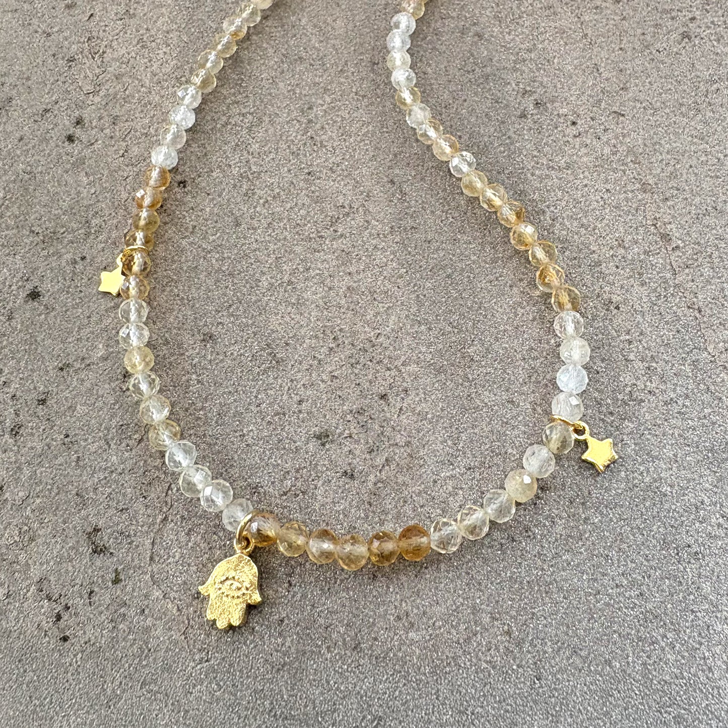 Ombre Citrine Gemstone Necklace with Gold Vermeil Hamsa Hand & Stars Soremi Jewellery