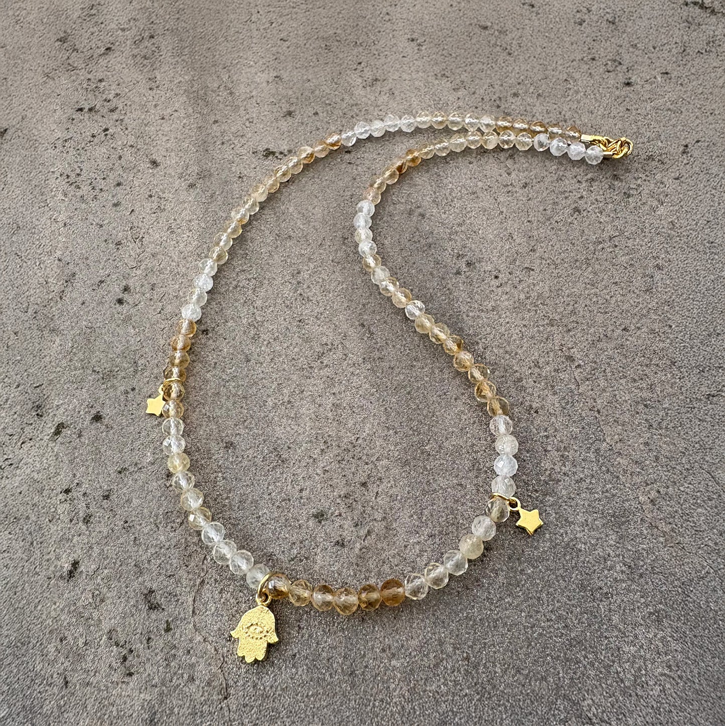 Ombre Citrine Gemstone Necklace with Gold Vermeil Hamsa Hand & Stars Soremi Jewellery